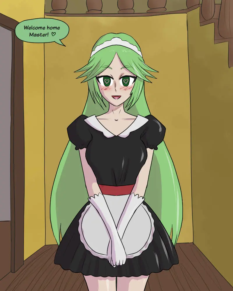 Image 1girls,breasts,female,female_only,long_hair,looking_at_viewer,gloves,heart-shaped_pupils,milf,text,green_eyes,medium_breasts,goddess,dress,nintendo,green_hair,maid,maid_uniform,black_dress,maid_headdress,short_dress,apron,english_text,text_bubble,hypnosis,mind_control,kid_icarus,kid_icarus_uprising,palutena,maid_apron,wooden_floor,mythkaz