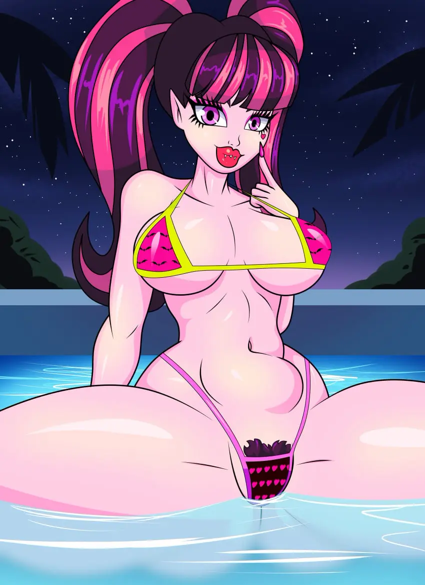 Image breasts,female,female_only,bikini,pink_hair,pubic_hair,cute,vampire,vampire_girl,bimbo,female_pubic_hair,pool,pubic_hair_peek,mattel,jose12mexico,draculaura,monster_high