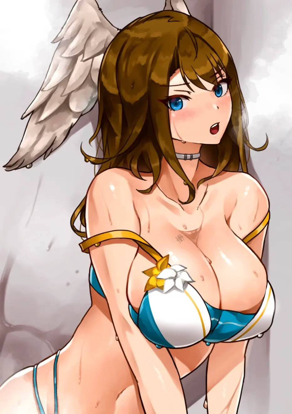 Image big_breasts,breasts,female,female_only,long_hair,blue_eyes,choker,bikini,female_focus,tattoo,wings,brown_hair,xenoblade_(series),head_wings,eunie_(xenoblade),xenoblade_chronicles_3,wings_on_head,oniisan02b,yotsuhauni