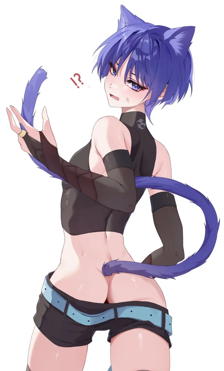 Image blush,1boy,male,ass,cat_ears,femboy,male_only,tagme,purple_eyes,cat_tail,genshin_impact,purple_hair,girly,solo_male,arched_back,catboy,scaramouche_(genshin_impact),chobonu