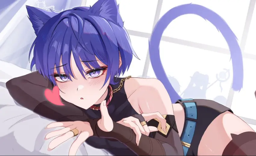 Image blush,1boy,male,cat_ears,femboy,male_only,tagme,purple_eyes,cat_tail,genshin_impact,purple_hair,collar,girly,catboy,scaramouche_(genshin_impact)