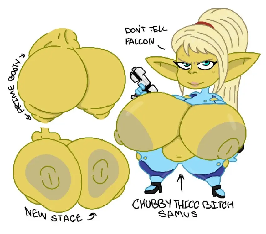 Image big_breasts,breasts,female,big_ass,big_belly,blonde_hair,big_nipples,big_thighs,shortstack,big_areola,yellow_skin,metroid,samus_aran,goblin_female,theslashfive,alternate_species,zero_suit,shortstackification,goblinification