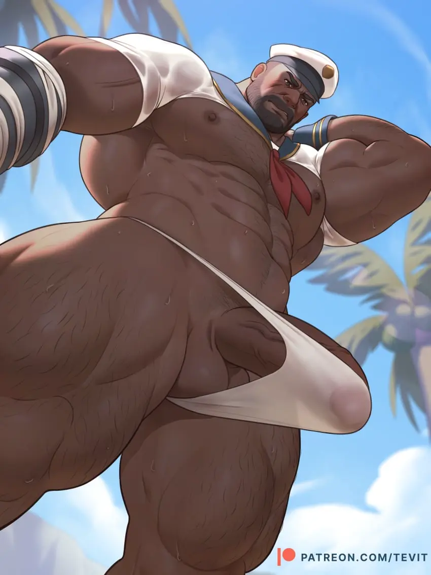 Image highres,nipples,shirt,solo,1boy,absurdres,black_hair,male,navel,penis,short_hair,sweat,hat,thick_thighs,thighs,erection,dark-skinned_male,dark_skin,muscular,muscular_male,patreon_username,sky,male_only,yaoi,balls,testicles,cloud,bara,bulge,erection_under_clothes,outdoors,final_fantasy,final_fantasy_vii,final_fantasy_vii_remake,from_below,thong,sweating,male_focus,abs,boner,pectorals,day,beard,paid_reward_available,facial_hair,large_pectorals,foreshortening,sailor_collar,barret_wallace,sailor,dark_male_only,sailor_hat,sailor_shirt,tevit15