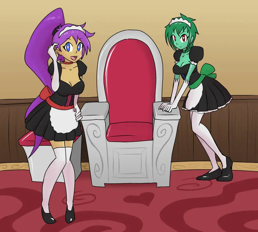 Image breasts,female,female_only,large_breasts,looking_at_viewer,red_eyes,2girls,blue_eyes,gloves,heart-shaped_pupils,multiple_girls,short_hair,thighhighs,choker,ponytail,purple_hair,hand_on_hip,green_hair,maid,maid_uniform,maid_headdress,apron,shantae,shantae_(character),hypnosis,shoes,chair,mind_control,maid_apron,rottytops,mythkaz