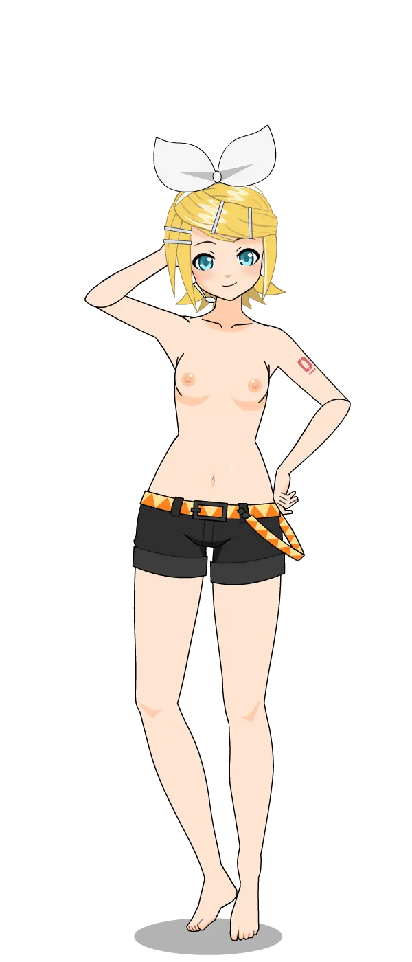 Image breasts,female,looking_at_viewer,nipples,smile,solo,navel,small_breasts,barefoot,feet,blonde_hair,topless,shorts,vocaloid,toes,shirtless,transparent_background,kagamine_rin,kisekae,spnati