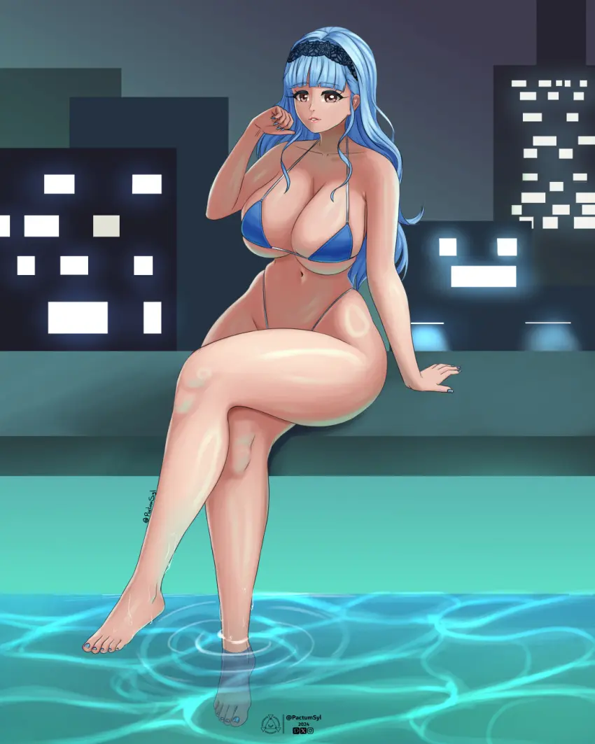 Image 1girls,breasts,brown_eyes,female,female_only,long_hair,solo,very_long_hair,bangs,blue_hair,bikini,wide_hips,bare_shoulders,cleavage,collarbone,hairband,shoulders,sideboob,underboob,huge_breasts,legs,sitting,swimsuit,nail_polish,wet,nintendo,skindentation,hourglass_figure,light_blue_hair,alternate_costume,blue_bikini,blue_swimsuit,fire_emblem,fire_emblem:_three_houses,pool,blue_nails,full_body,commission,alternate_hairstyle,city,bare_legs,bare_arms,official_alternate_hairstyle,fire_emblem_warriors:_three_hopes,marianne_von_edmund,pactumsyl