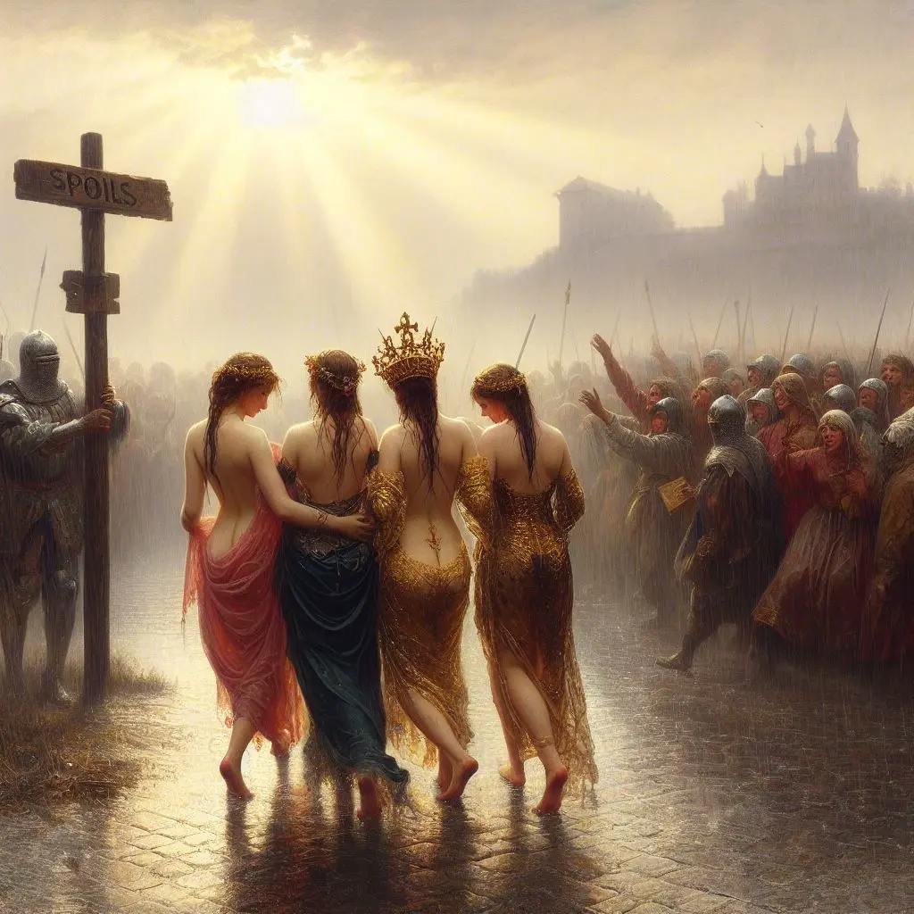 Image female,multiple_girls,ai_generated,tagme,back,humiliation,public,sisters,black_dress,outside,back_view,princess,femsub,queen,embarrassed_female,mother_and_daughter,walking,wet_clothes,wet_hair,crown,crowd_watching,rain,4girls,pink_dress,multiple_subs,brown_hair_female,crowd,history,humiliated,spoils_of_war,enslaved_royal,raining,golden_dress,public_humiliation,dall-e3,historical,historical_porn,medieval_clothing,medieval_armour,medieval_history,parade,walk_of_shame