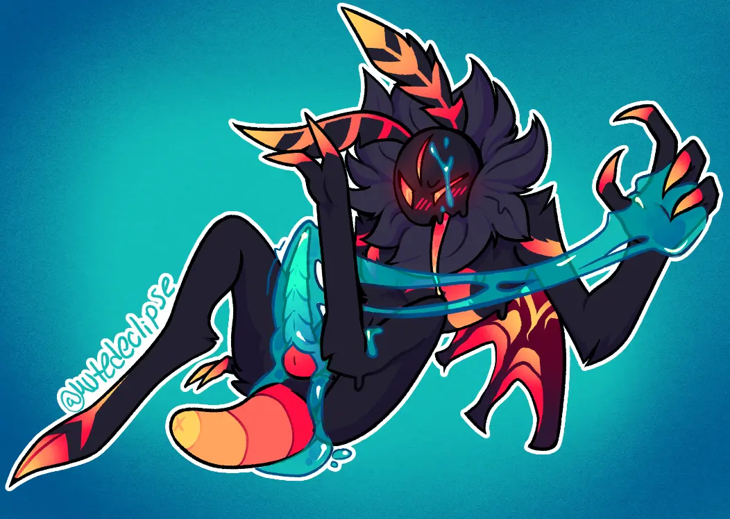 Image blush,solo,hand_holding,male,penis,sweat,tongue_out,tongue,colored,feet,shaded,wings,anthro,anus,sweatdrop,glowing_eyes,bodily_fluids,fur,genitals,claws,arthropod,black_body,insects,slime,dripping,blush_lines,toes,markings,glowing,black_fur,orange_markings,yellow_markings,mane,lepidopteran,moth,3_eyes,multi_eye,raised_leg,antennae_(anatomy),leaning,red_wings,red_markings,red_blush,ridged_penis,leaning_backward,spread_toes,x_anus,insect_wings,slime_on_face,blue_slime,lepidopteran_wings,splatter,gradient_markings,mutedeclipse,slime_on_penis,vesuvius_(mutedeclipse)