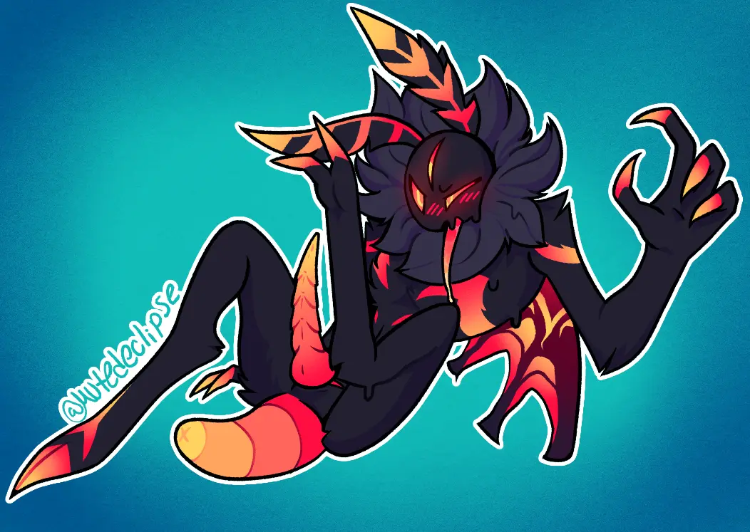 Image blush,solo,male,penis,sweat,tongue_out,tongue,colored,feet,shaded,wings,anthro,anus,sweatdrop,glowing_eyes,bodily_fluids,fur,genitals,claws,arthropod,black_body,insects,blush_lines,toes,markings,glowing,black_fur,orange_markings,yellow_markings,looking_up,mane,lepidopteran,moth,3_eyes,multi_eye,raised_leg,antennae_(anatomy),leaning,red_wings,red_markings,red_blush,ridged_penis,leaning_backward,spread_toes,raised_hand,x_anus,insect_wings,lepidopteran_wings,gradient_markings,mutedeclipse,vesuvius_(mutedeclipse)