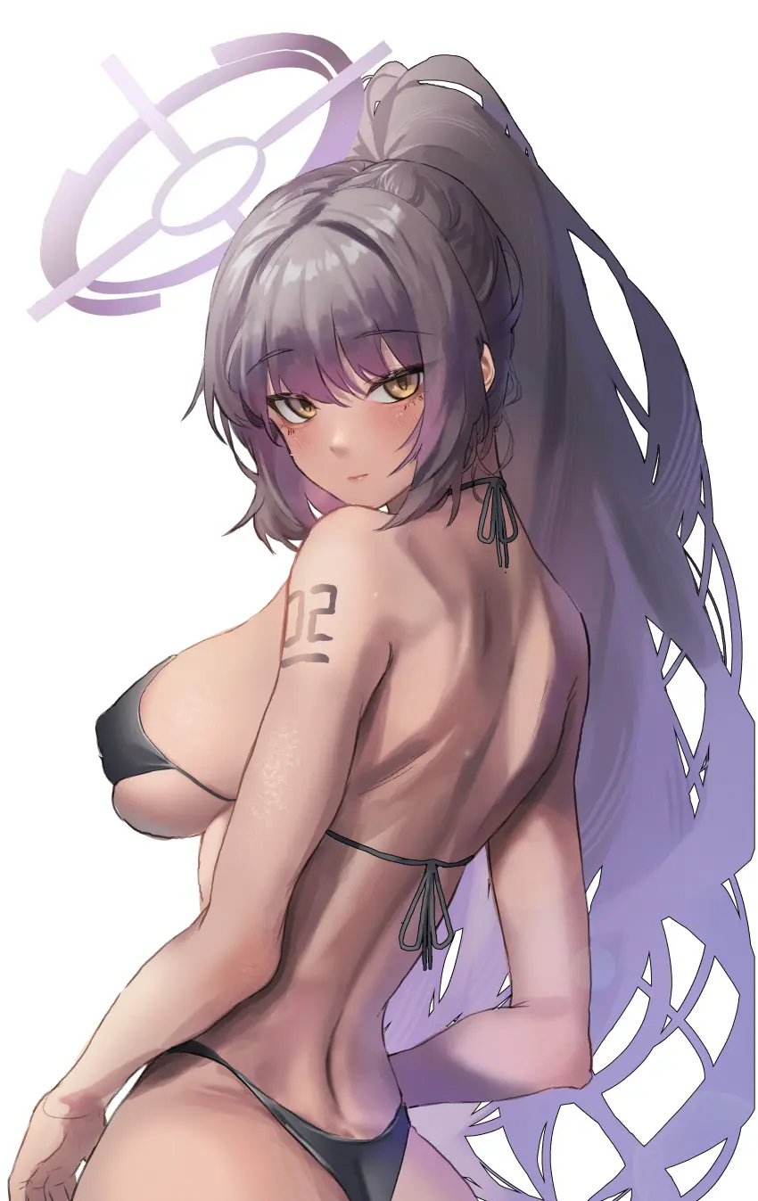 Image blush,breasts,female,highres,large_breasts,long_hair,looking_at_viewer,simple_background,solo,very_long_hair,white_background,absurdres,black_hair,blue_archive,bikini,ass,ponytail,sideboob,tattoo,swimsuit,halo,back,dark-skinned_female,skindentation,furrowed_brow,string_bikini,alternate_costume,arm_tattoo,black_bikini,highleg,highleg_bikini,karin_(blue_archive),looking_to_the_side,number_tattoo,aegyo_sal,uth_95