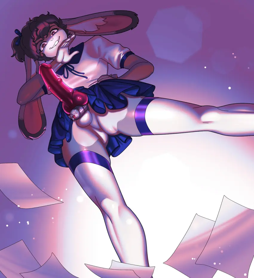 Image looking_at_viewer, red_eyes, shirt, 1boy, male, penis, short_hair, thighhighs, crossdressing, femboy, balls, anthro, original, testicles, school_uniform, brown_hair, rabbit_ears, hand_on_hip, miniskirt, skirt, strap-on, white_shirt, chastity_cage, girly, strapon, blue_skirt, rabbit, upskirt, chastity, chastity_device, rabbit_boy, strap-on_over_chastity, papers, strapon_over_chastity, arh