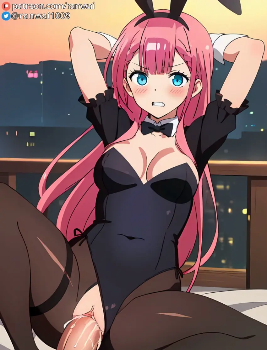 Image 1girls,breasts,female,human,large_breasts,1boy,blue_eyes,male,penis,sex,ai_generated,cowgirl_position,pink_hair,stable_diffusion,vaginal_penetration,vaginal_sex,bunny_girl,bunnysuit,bondage,anime,ranwai,bokutachi_wa_benkyou_ga_dekinai,kirisu_mafuyu_(bokuben)