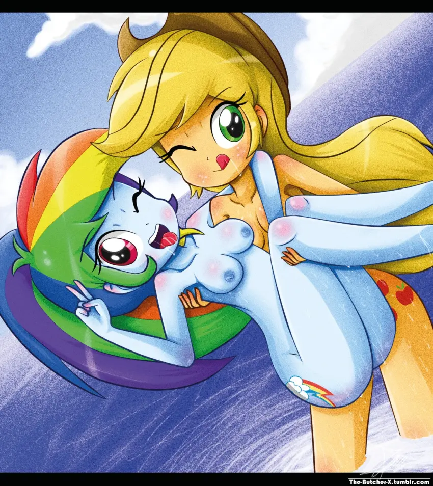 Image blush,breasts,female,female_only,human,long_hair,nipples,smooth_skin,2girls,humanized,navel,nude,tongue_out,multicolored_hair,ponytail,pink_eyes,wink,tied_hair,purple_eyes,pale_skin,pubic_hair,bracelet,equestria_girls,friendship_is_magic,hasbro,my_little_pony,orange_skin,thigh_strap,rainbow_dash_(mlp),v,blue_skin,casual,applejack_(mlp),nudist,skinny_dipping,rainbow_dash_(eg),applejack_(eg),the-butch-x,the_butcher_(artist)