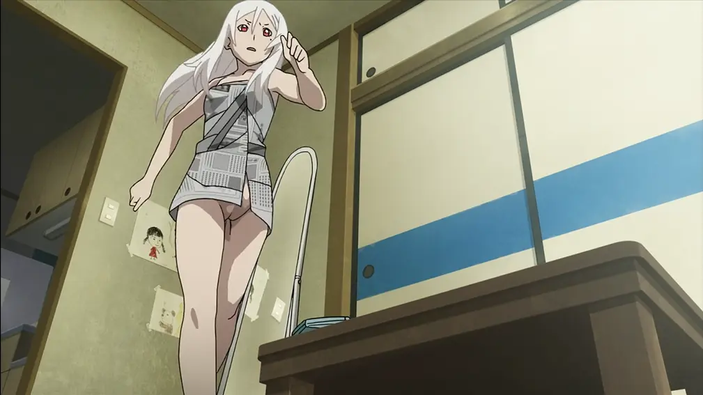Image female,red_eyes,white_hair,pussy,partially_clothed,third-party_edit,ineffective_clothing,nude_edit,newspaper,improvised_clothing,tokyo_esp,urushiba_rinka