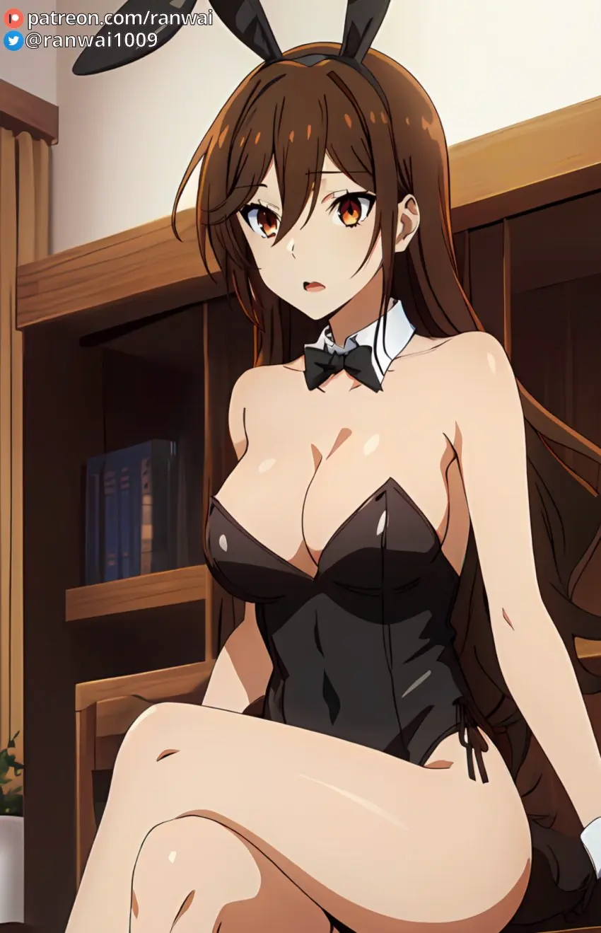 Image breasts,brown_eyes,female,large_breasts,ai_generated,stable_diffusion,sitting,brown_hair,bunny_girl,bunnysuit,anime,ranwai,hori_kyouko,horimiya