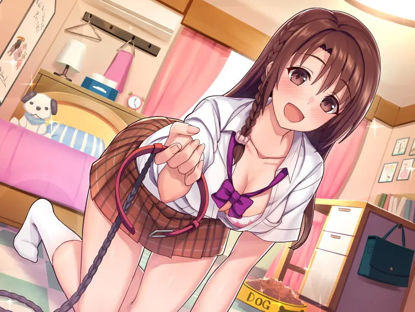 Image 1girls,bow,breasts,brown_eyes,female,large_breasts,long_hair,looking_at_viewer,shirt,bra,original,school_uniform,brown_hair,socks,bed,braid,pov,bedroom,collar,skirt,curtains,white_shirt,all_fours,leash,window,offering,petplay,desk,ambiguous_pov,pink_bra,food_bowl,pet_play,stuffed_animal,pet_bowl,purple_bow,holding_collar,school_bag,brown_skirt,umihal