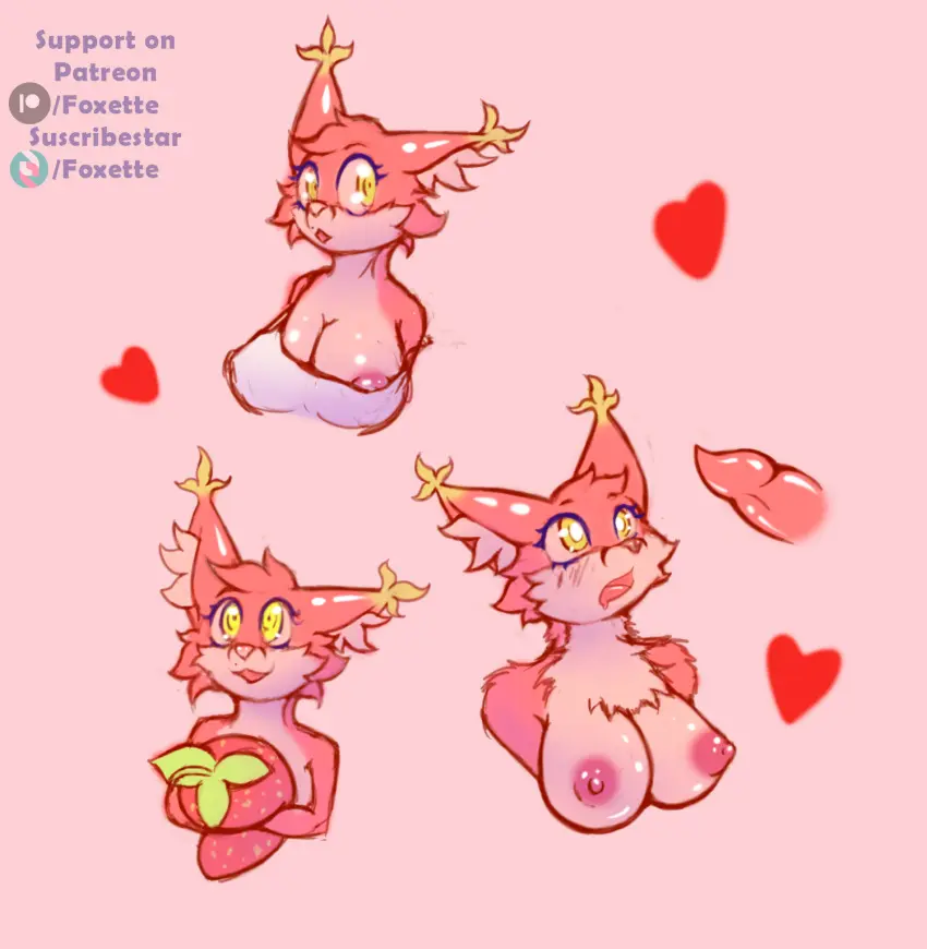 Image big_breasts,breasts,clothed,clothing,hi_res,nipples,solo,male,penis,duo,humanoid,pink_nipples,hair,huge_breasts,pink_hair,anthro,dress,canid,canine,genitals,mammal,animal_genitalia,animal_penis,canine_genitalia,canine_penis,fox,plant,hybrid,pink_body,group,heart_symbol,trio,one_breast_out,plushie,food,fruit,strawberry,foxette,fresa_(foxette)