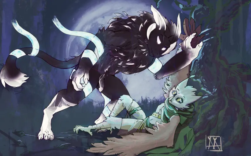 Image hi_res,male,duo,male/male,monster,avian,bird,owl,wickerbeast,artemis_the_lynx,choccy,choccy's_monster,veniknotical