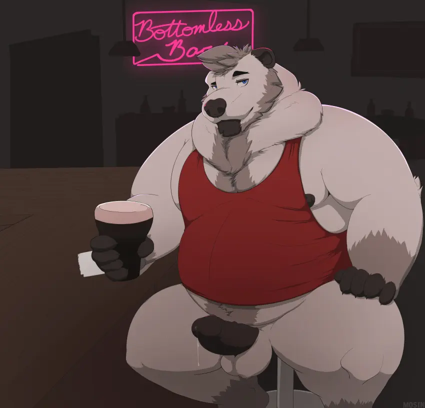 Image clothed,clothing,grey_hair,hi_res,looking_at_viewer,solo,black_hair,blue_eyes,male,penis,erection,belly,big_belly,digital_media_(artwork),hair,anthro,text,sitting,absurd_res,genital_fluids,bodily_fluids,genitals,holding_object,mammal,precum,claws,paws,bottomless,english_text,black_nose,precum_drip,biped,bear,dripping,furniture,leg_markings,markings,topwear,gloves_(marking),overweight,beard,humanoid_hands,obese,black_penis,facial_hair,overweight_male,socks_(marking),finger_claws,obese_anthro,overweight_anthro,bar,obese_male,sign,polar_bear,ursine,topwear_only,bar_stool,stool,alcohol_bottle,holding_glass,neon_sign,mosin