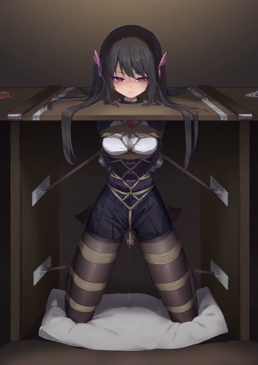 Image bow,female,female_only,hairbow,highres,long_hair,absurdres,black_hair,solo_focus,feet_up,original,pussy_juice,purple_eyes,twintails,restrained,skirt,sex_toy,closed_mouth,ribbon,pleated_skirt,legs_apart,bondage,pillow,femsub,@_@,pantyhose,bound,stocks,vibrator,neck_ribbon,arms_behind_back,rope,red_ribbon,stationary_restraints,black_pantyhose,black_skirt,on_pillow,bound_legs,lock,padlock,pussy_juice_puddle,shibari_over_clothes,xiongmao,taped_fingers