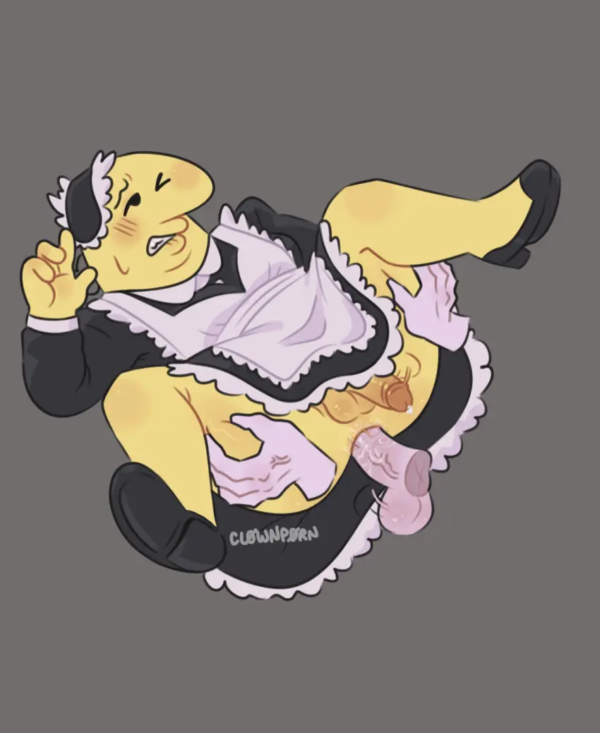 Image blush,male,penis,biting_lip,yaoi,one_eye_closed,gay,gay_sex,maid,maid_uniform,no_panties,precum,maid_headdress,legs_apart,disembodied_penis,toony,gay_anal,no_underwear,disembodied_hand,smiling_friends,canon_crossdressing,charlie_(smiling_friends),canon_costume,cl0wnp0rn,james_(smiling_friends)