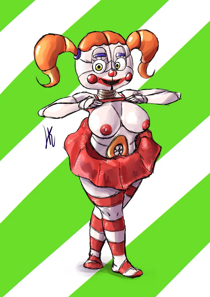Image female,smile,solo,thighhighs,red_hair,thick_thighs,smiling_at_viewer,green_eyes,stockings,socks,shirt_lift,crossed_legs,five_nights_at_freddy's,clown,clown_girl,rosy_cheeks,baby_(fnafsl),circus_baby,circus_baby_(fnaf),circus_baby_(original)