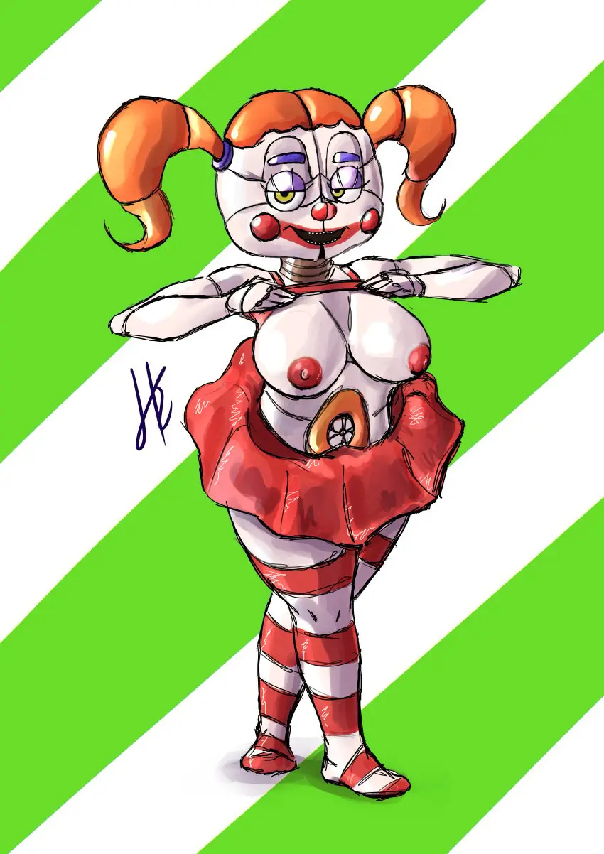 Image female,solo,thighhighs,red_hair,thick_thighs,smiling_at_viewer,solo_female,2d,green_eyes,stockings,socks,shirt_lift,smirk,smirking_at_viewer,crossed_legs,five_nights_at_freddy's,clown,clown_girl,full_color,no_penetration,rosy_cheeks,baby_(fnafsl),circus_baby,circus_baby_(fnaf),circus_baby_(original)