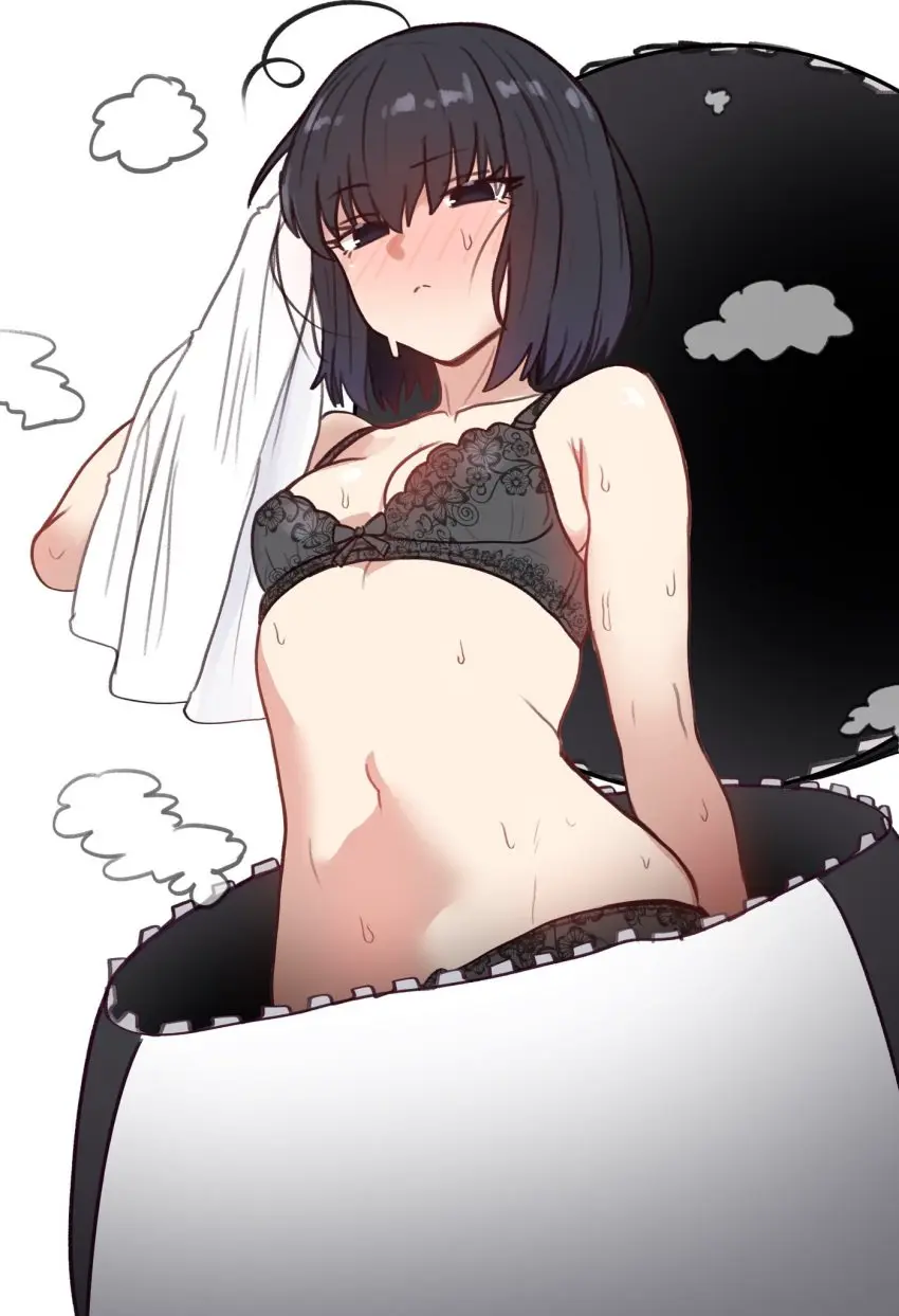 Image 1girls,breasts,female,light-skinned_female,light_skin,simple_background,black_hair,short_hair,sweat,bra,panties,underwear,medium_breasts,petite,sweaty_body,kuonji_alice,mahou_tsukai_no_yoru,ebora,youngmanisdown