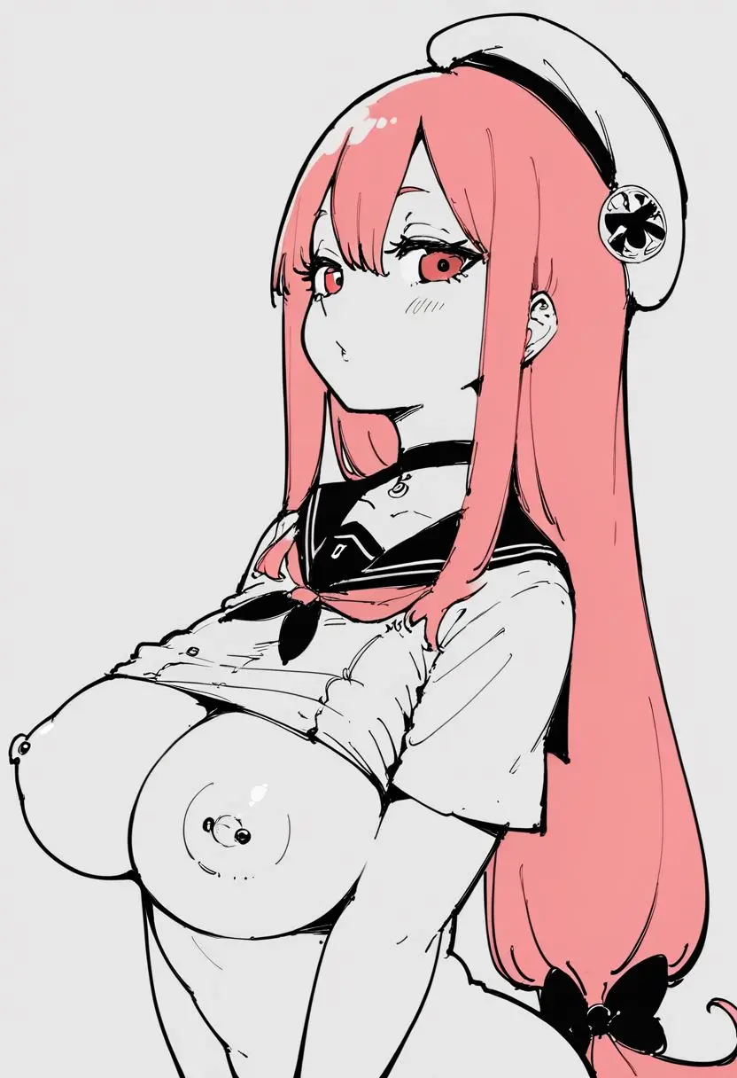 Image 1girls,blush,breasts,female,hair_ornament,looking_at_viewer,voluptuous,feet,ai_generated,pink_hair,naked,feet_up,voluptuous_female,hair_ribbon,shirt_lift,naked_female,beret,white_headwear,avi_(sbubby),sbubby,visiuun