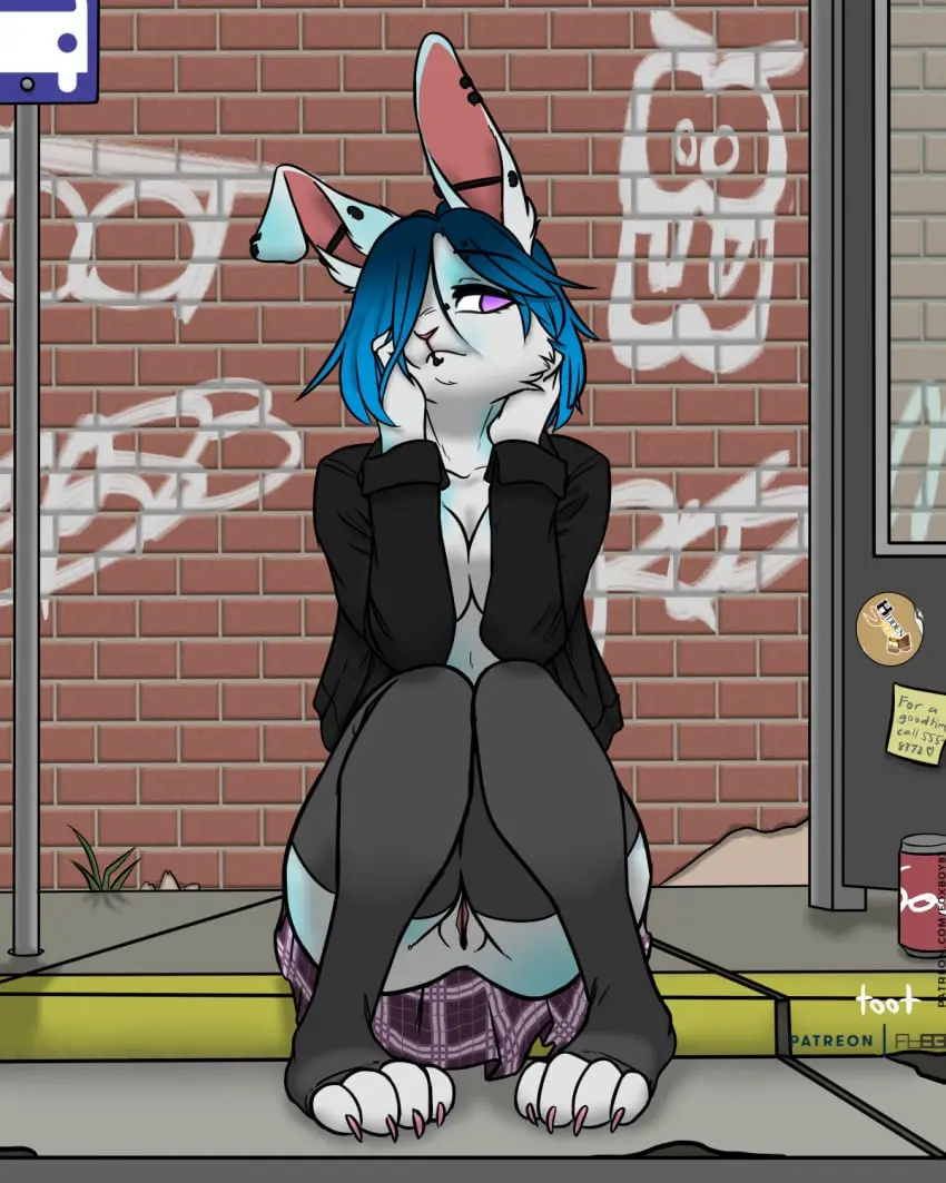 Image breasts,clothed,clothing,female,hi_res,no_bra,solo,black_legwear,blue_hair,pussy,colored,digital_media_(artwork),hair,anthro,piercing,sitting,purple_eyes,public,skirt,fur,genitals,mammal,ear_piercing,jacket,legwear,thigh_highs,blue_body,white_body,outside,blue_fur,tuft,topwear,white_fur,lagomorph,leporid,rabbit,colored_nails,nails,purple_clothing,day,open_jacket,black_clothing,bottomwear,open_clothing,looking_aside,pattern_clothing,one_eye_obstructed,full-length_portrait,portrait,ear_ring,ring_piercing,facial_piercing,black_topwear,open_topwear,black_jacket,no_underwear,facial_tuft,graffiti,cheek_tuft,lip_piercing,lip_ring,public_exposure,brick_wall,purple_skirt,pattern_bottomwear,wall_(structure),beverage_can,industrial_piercing,plaid,plaid_skirt,black_thigh_highs,bus_stop,sidewalk,purple_bottomwear,plaid_clothing,pattern_skirt,plaid_bottomwear,foxboy83,rainey_(tootaloo),tootaloo