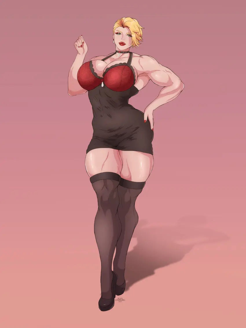 Image 1girls,breasts,female,female_only,light-skinned_female,light_skin,short_hair,thighhighs,choker,underwear,female_focus,thick_thighs,muscular,blonde_hair,dress,lips,original,stockings,curvy,high_heels,makeup,lipstick,abs,muscular_female,muscles,alexcherubic