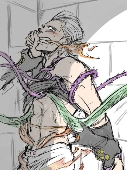 Image looking_at_viewer,1boy,blue_eyes,male,sweat,earrings,muscular,muscular_male,male_only,drool,light-skinned_male,sweatdrop,tentacle,grabbing,male_focus,tear,spikes,fire,silver_hair,white_pants,jojo's_bizarre_adventure,stand_(jjba),struggling,black_topwear,against_wall,imminent_rape,jean_pierre_polnareff,stardust_crusaders,vines,wall_(structure),removing_clothing,tentacle_on_male,wall,hermit_purple,hierophant_green,grabbing_wrists,magician's_red,star_platinum