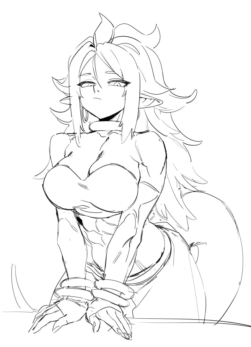 Image 1girls,big_breasts,breasts,female,long_hair,looking_at_viewer,navel,tail,athletic,muscular,belly_button,jewelry,pointy_ears,dragon_ball,dragon_ball_z,black_and_white,collar,fit,fit_female,abs,athletic_female,muscular_female,android_21,dragon_ball_fighterz,majin_android_21,pencil_(artwork),muscular_arms,spiked_hair,six_pack,spiky_hair,harem_outfit,arabian,zquung