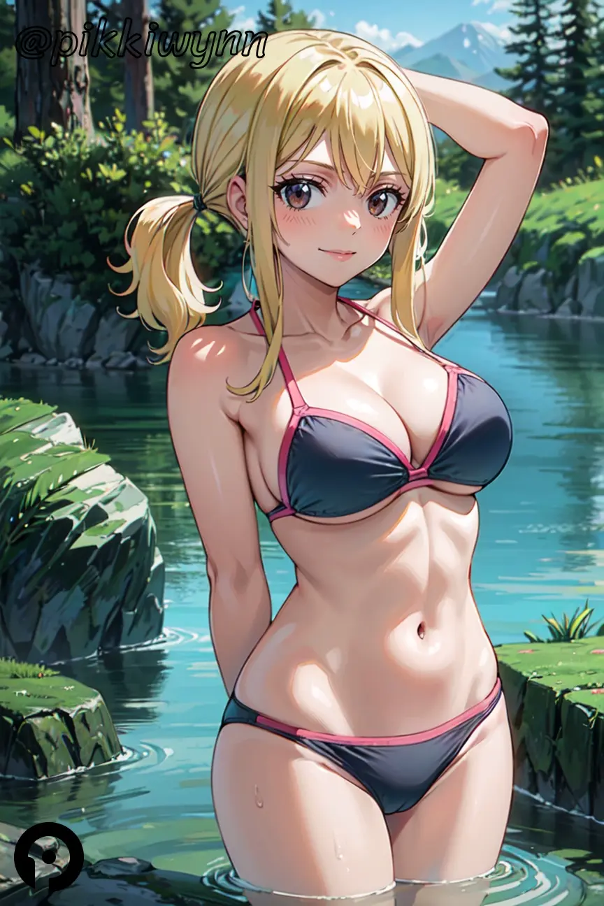 Image blush,breasts,brown_eyes,female,large_breasts,long_hair,looking_at_viewer,smile,solo,navel,sidelocks,bikini,water,ai_generated,bare_shoulders,cleavage,collarbone,blonde_hair,swimsuit,pond,wet,cameltoe,outdoors,twintails,closed_mouth,stomach,black_bikini,tree,arm_up,halterneck,day,rock,arm_behind_head,fairy_tail,wading,lucy_heartfilia,pikkiwynn