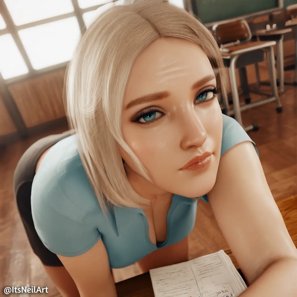 Image 1girls,female,female_only,looking_at_viewer,solo,blue_eyes,milf,ai_generated,solo_female,tagme,blonde_hair,curvy,mature_female,3d,bent_over,classroom,teacher,itsneilart