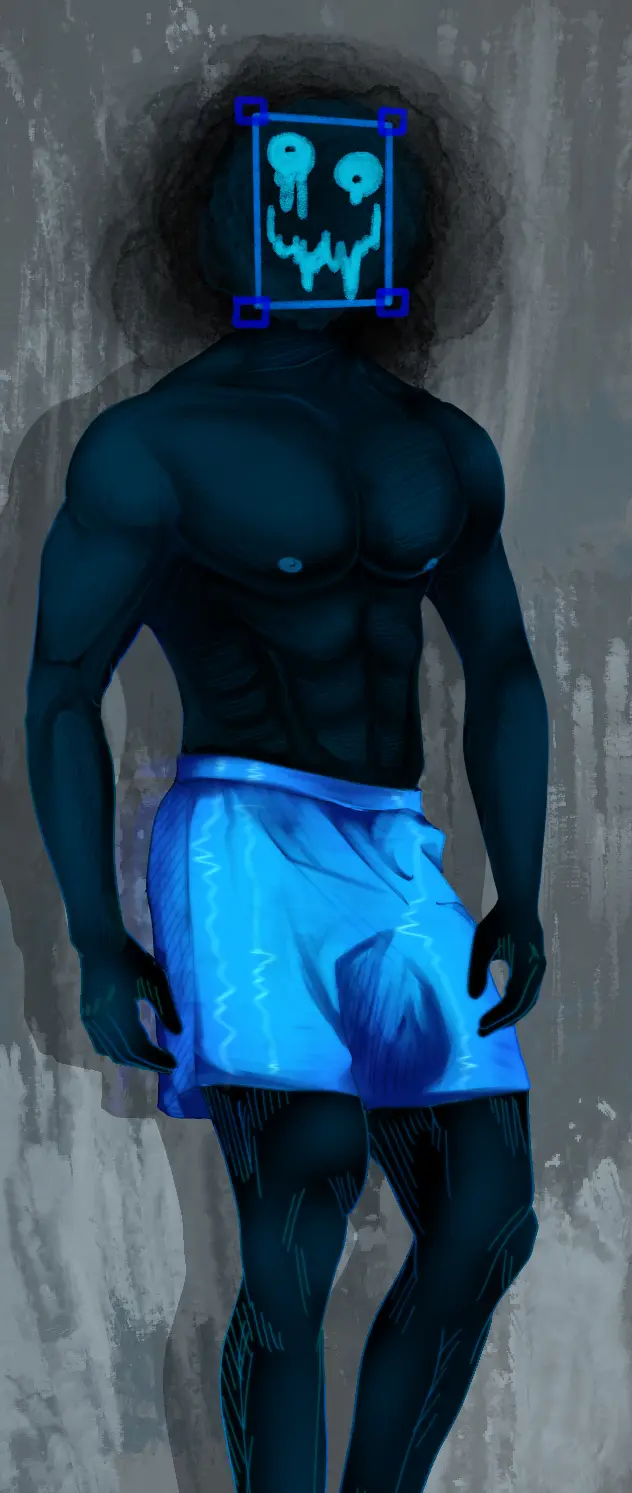 Image solo,1boy,blue_eyes,male,male_only,black_body,shorts,blue_body,abs,briefs,blue_shorts,buff,painting,painting_(object),painting_(artwork),clickmyhole,trunks,ib,frame,objecthead,deformed_face,flower-eating_painting,rpgmaker