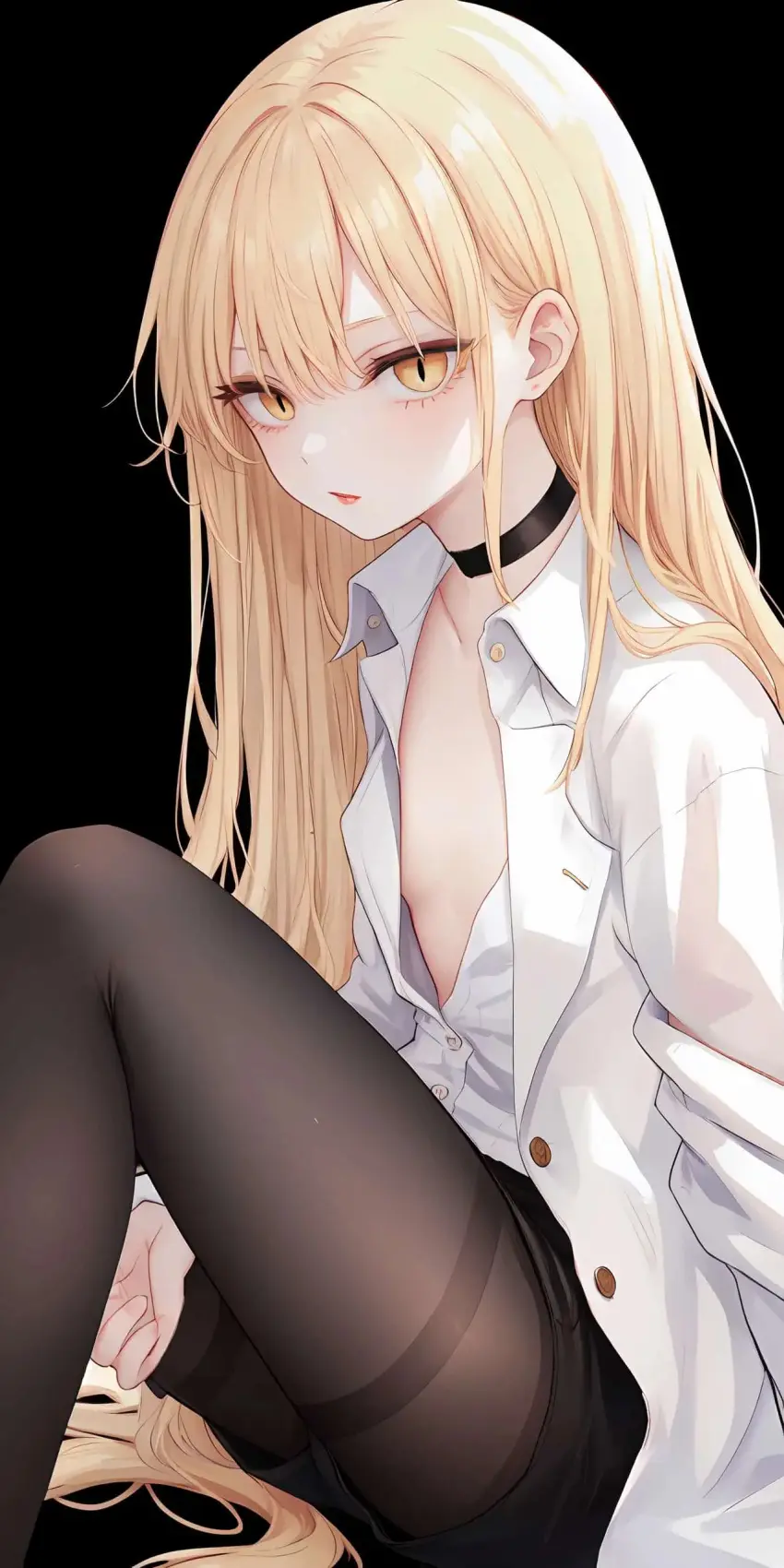 Image 1girls,female,long_hair,looking_at_viewer,shirt,simple_background,solo,yellow_eyes,choker,ai_generated,solo_female,solo_focus,black_background,blonde_hair,artist_request,pose,posing,plain_background,white_shirt,blonde_hair_female,blonde_female,posing_for_the_viewer,flat_chest,slit_pupils,pantyhose,unbuttoned,unbuttoned_shirt,no_background,cat_eyes,long_blonde_hair,solo_girl,guideau,majo_to_yajuu