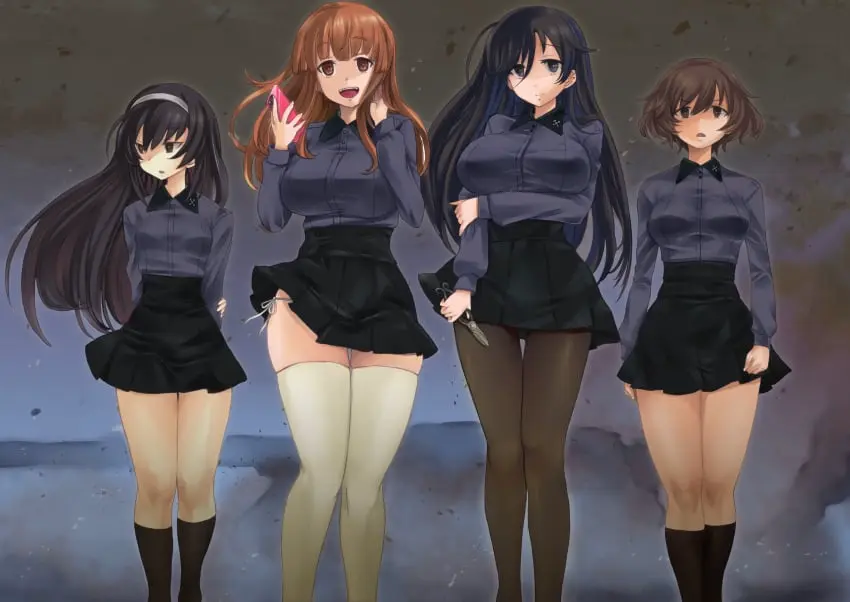 Image breasts,brown_eyes,female,large_breasts,long_hair,shirt,wing_collar,black_hair,blunt_bangs,multiple_girls,short_hair,thighhighs,panties,underwear,thighs,orange_eyes,orange_hair,school_uniform,brown_hair,ahoge,skirt,black_eyes,dress_shirt,phone,pantyhose,smoke,cellphone,smartphone,arms_behind_back,4girls,black_skirt,arms_under_breasts,looking_to_the_side,side-tie_panties,wind,grey_shirt,shaded_face,girls_und_panzer,wind_lift,insignia,akiyama_yukari,gardening_shears,isuzu_hana,kuromorimine_school_uniform,nabeyu,reizei_mako,takebe_saori