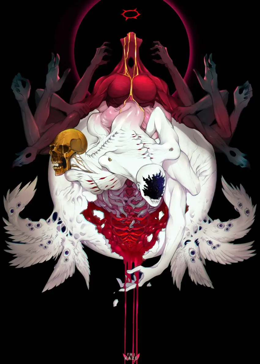 Image hi_res,simple_background,group_sex,threesome,sex,digital_media_(artwork),teeth,black_background,wings,angel,halo,ambiguous_gender,blood,moon,2022,bodily_fluids,group,skull,red_body,red_halo,bone,multi_head,faceless_character,skull_head,multi_arm,multi_limb,multi_eye,conjoined,unusual_anatomy,sticky,eclipse,seraph_(angel),multi_wing,rib_cage,cherub,entrails,eyes_on_wings,headless_character,human_skull,kazekyou,multi_torso