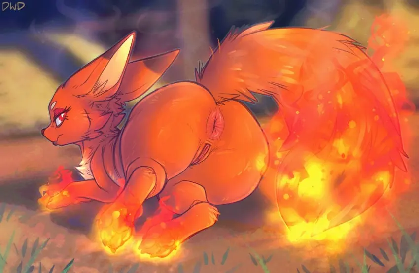 Image female, hi_res, looking_at_viewer, solo, pussy, tail, looking_back, anus, canid, canine, fur, genitals, mammal, orange_body, humanoid_genitalia, fox, orange_fur, looking_back_at_viewer, feral, pal_(species), palworld, pocketpair, fire, quadruped, humanoid_pussy, blurred_background, humanoid_genitalia_on_feral, dimwitdog, flaming_tail, foxparks, humanoid_pussy_on_feral, flaming_paw