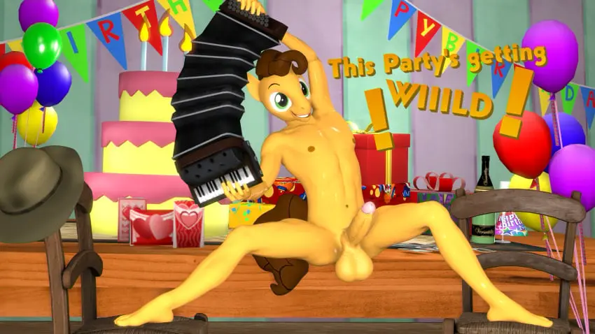 Image clothing,hi_res,looking_at_viewer,nipples,smile,solo,male,nude,penis,short_hair,tail,hat,erection,humanoid_penis,headwear,areola,feet,digital_media_(artwork),headgear,balls,hair,anthro,veiny_penis,text,green_eyes,brown_hair,big_balls,fur,genitals,inside,mammal,dialogue,yellow_body,yellow_fur,3d_(artwork),english_text,5_fingers,2024,anthrofied,fingers,humanoid_genitalia,friendship_is_magic,hasbro,my_little_pony,vein,toes,furniture,fluffy,fluffy_tail,detailed_background,talking_to_viewer,equid,equine,horse,pony,chair,brown_tail,16:9,beverage,food,long_tail,alcohol,widescreen,earth_pony,cake,balloon,inflatable,dessert,gift,champagne,musical_instrument,birthday_cake,birthday_party,party_hat,that1guy,accordion,cheese_sandwich_(mlp)