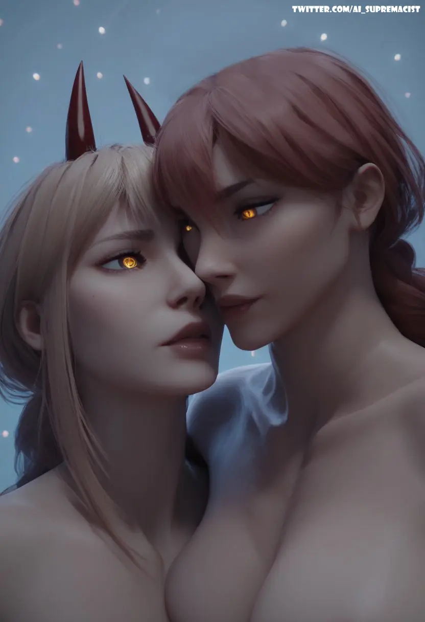 Image breasts,clothing,female,female_only,large_breasts,long_hair,long_sleeves,smile,2girls,bangs,multiple_girls,nude,yellow_eyes,red_hair,ai_generated,cleavage,blonde_hair,braid,hair_between_eyes,demon_girl,demon_horns,glowing_eyes,yuri,glowing,chainsaw_man,power_(chainsaw_man),makima_(chainsaw_man),hug,red_horns,office_lady,braided_ponytail,ringed_eyes,embracing,ai_supremacist