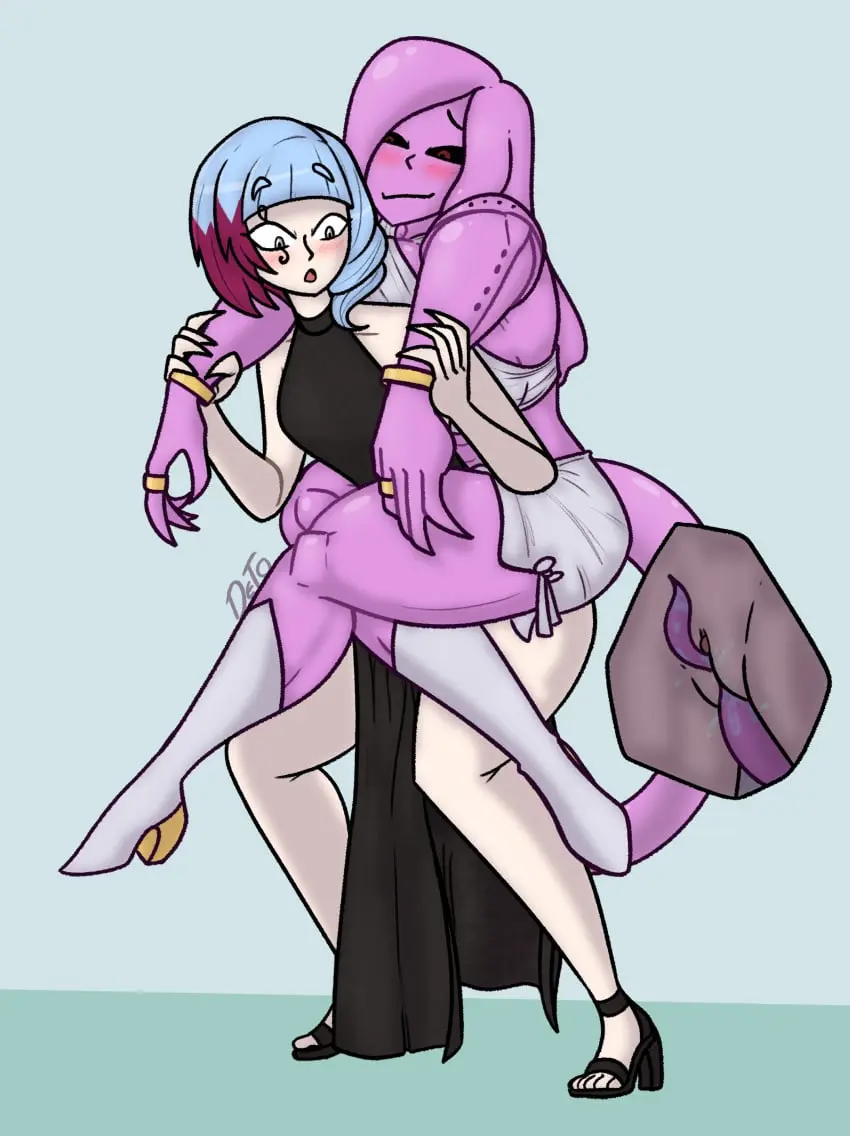 Image female,muscular,high_heels,open_toe_shoes,no_panties,ring,carrying,muscular_female,majin,drunk,no_underwear,clitoral_stimulation,tail_sex,piggyback,deterex525,deto_the_tiddu,melony_(mr_deus_vult),mr_deus_vult