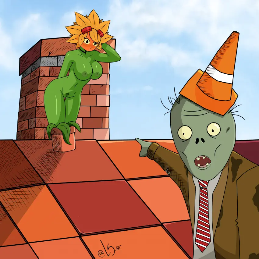 Image 1girls,big_breasts,breasts,female,large_breasts,1boy,male,wide_hips,english_text,plants_vs_zombies,solar_flare_(pvz),sunflower_(pvz)