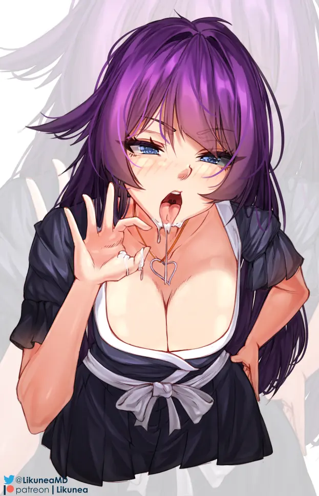Image blush,bow,breasts,female,large_breasts,long_hair,looking_at_viewer,open_mouth,solo,blue_eyes,cum,cum_in_mouth,cum_on_tongue,sidelocks,tongue_out,tongue,patreon_username,artist_name,cleavage,collarbone,eyelashes,jewelry,teeth,facial,dress,necklace,purple_hair,hand_on_own_hip,cumdrip,short_sleeves,ribbon,official_alternate_costume,heart,leaning_forward,heart_necklace,blue_dress,patreon_logo,upper_teeth_only,twitter_username,cum_on_hands,white_bow,twitter_logo,hand_up,frills,bakemonogatari,cropped_torso,frilled_sleeves,likunea,monogatari_(series),senjougahara_hitagi,zoom_layer,white_ribbon,pleated_dress
