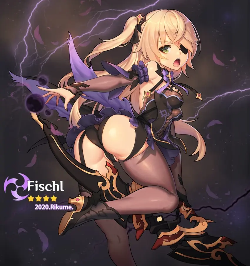Image 1girls,breasts,clothing,female,female_only,hair_ornament,solo,thighhighs,panties,ass,big_ass,looking_back,thick_thighs,thighs,solo_female,eyewear,hair,blonde_hair,medium_breasts,dress,nail_polish,genshin_impact,black_panties,heels,footwear,short_dress,legwear,neckwear,holding_weapon,weapon,armwear,nails,black_nails,bowtie,bow_(weapon),eyepatch,one_eye_obstructed,garter_straps,2020,black_nail_polish,fischl_(genshin_impact),rikume