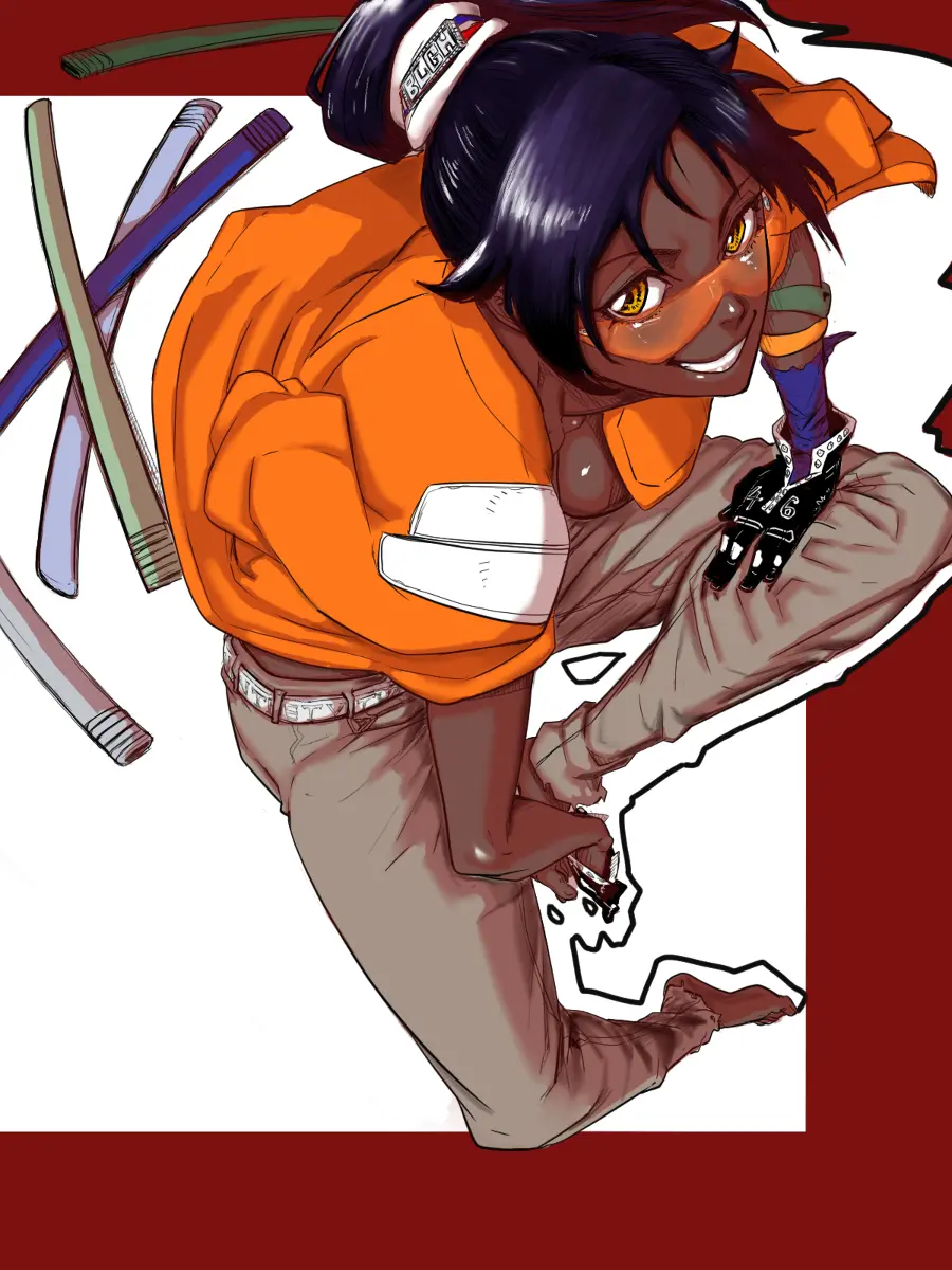 Image 1girls, big_breasts, breasts, female, hair_ornament, looking_at_viewer, open_shirt, smile, gloves, yellow_eyes, ponytail, cleavage, solo_focus, glasses, no_shoes, dark-skinned_female, purple_hair, arm_support, bleach, shihouin_yoruichi, tata, sheath, cosplay, looking_up, inner_sideboob