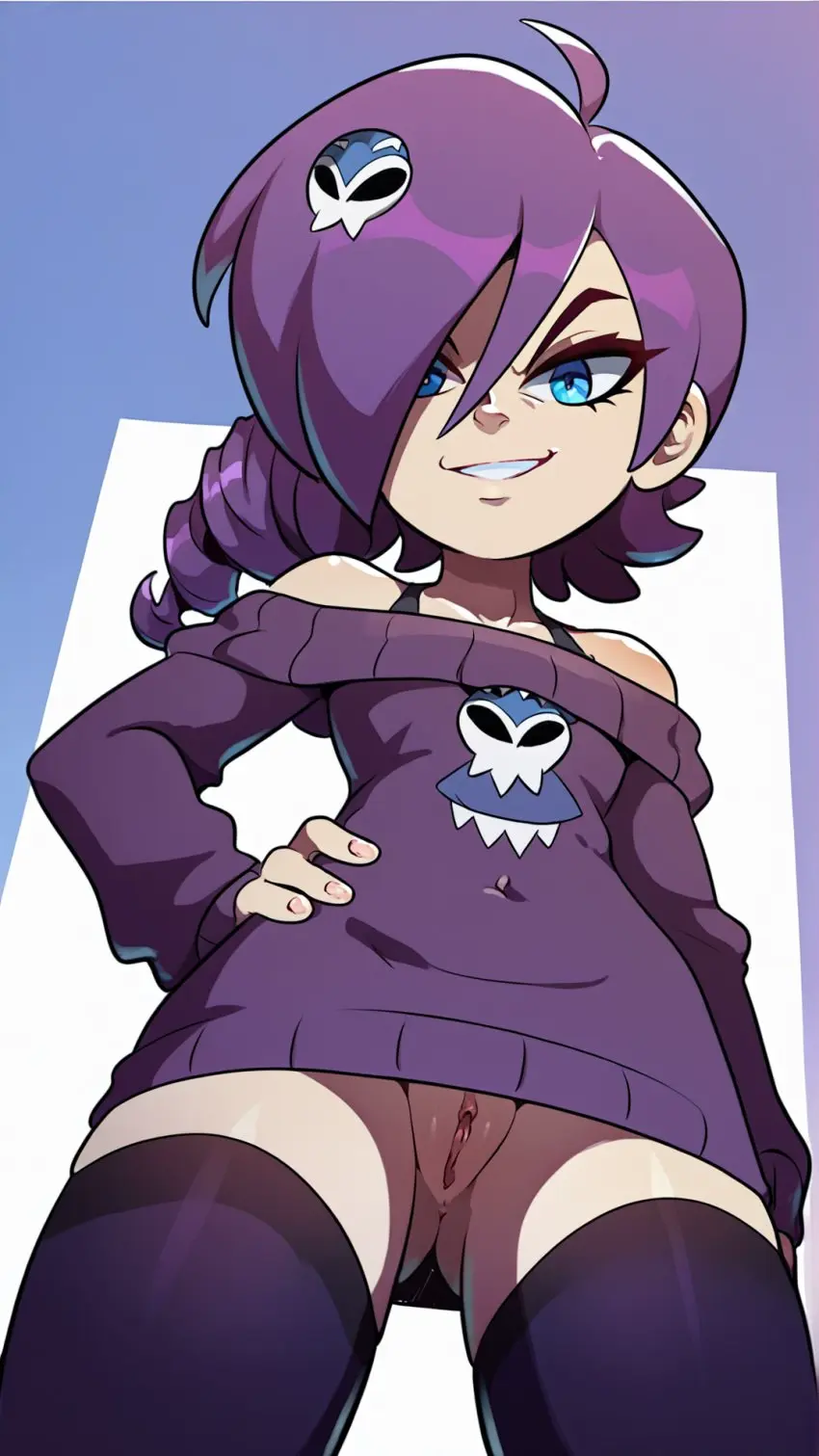 Image female,looking_at_viewer,blue_eyes,pussy,thighhighs,ai_generated,straps,teeth,anus,spread_legs,stable_diffusion,looking_down,purple_hair,smug,hand_on_hip,bottomless,from_below,hairpin,flat_chest,evil_smile,butt_from_the_front,smug_expression,navel_visible_through_clothes,pony_diffusion_xl,purple_sweater,zone-tan,marusame,toonify_(model),spiral_hair