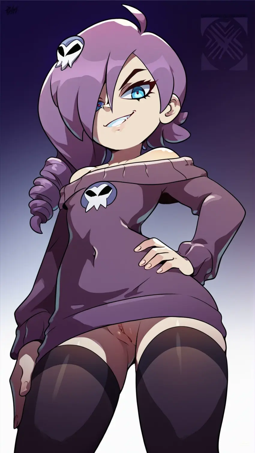 Image female,looking_at_viewer,simple_background,blue_eyes,pussy,thighhighs,hair_over_one_eye,ai_generated,teeth,anus,spread_legs,stable_diffusion,looking_down,purple_hair,smug,hand_on_hip,bottomless,from_below,hairpin,flat_chest,evil_smile,butt_from_the_front,smug_expression,navel_visible_through_clothes,pony_diffusion_xl,purple_sweater,zone-tan,marusame,toonify_(model),spiral_hair