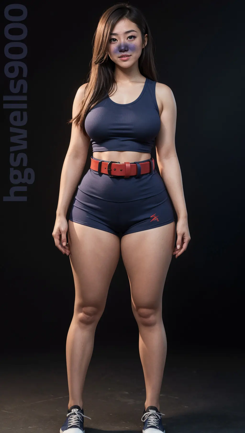 Image 1girls,breasts,female,female_only,light-skinned_female,long_hair,solo,big_ass,wide_hips,ai_generated,tagme,medium_breasts,stable_diffusion,brown_hair,belt,thin_waist,big_thighs,asian,asian_female,tank_top,blue_skin,blue_shorts,short_shorts,blue_tank_top,skin_turning_blue,red_belt,hgswells9000